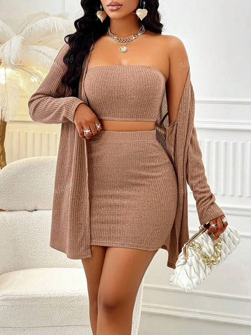 Women's Casual Solid Color Drop Shoulder Open Front Coat & Tube Top & Skirt Three Pieces Set, All-Match Style