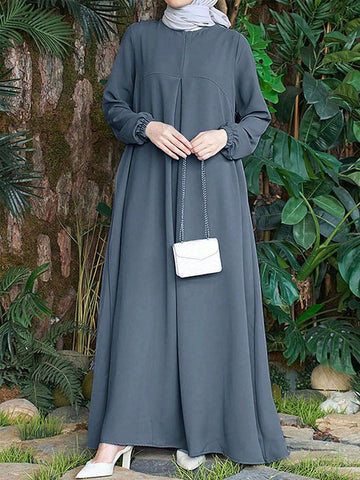 Women's Casual Solid Color Lantern Sleeve Long Dress For Spring And Summer