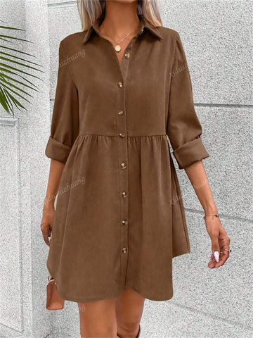 Women's Casual Solid Color Long Sleeve Shirt Dress, Autumn