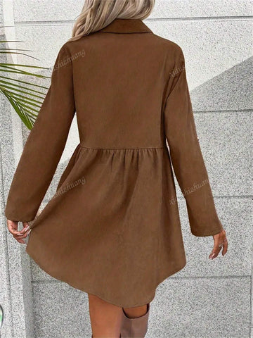 Women's Casual Solid Color Long Sleeve Shirt Dress, Autumn