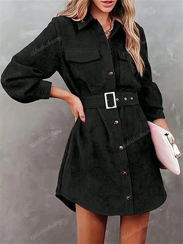 Women's Casual Solid Color Long Sleeve Shirtdress, Autumn