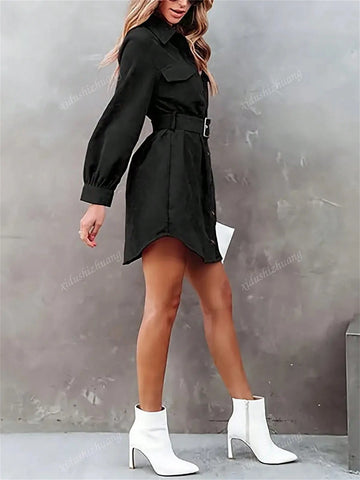 Women's Casual Solid Color Long Sleeve Shirtdress, Autumn