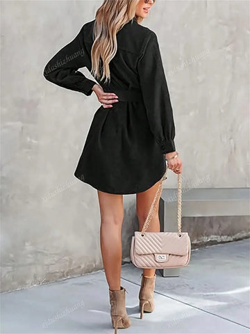 Women's Casual Solid Color Long Sleeve Shirtdress, Autumn