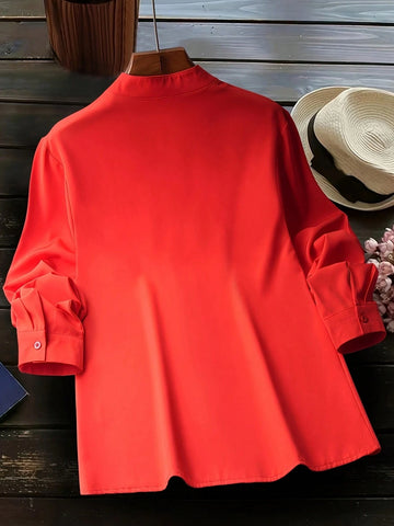 Women's Casual Solid Color Notch Collar Long Sleeve Shirt, Elegant And Fashionable