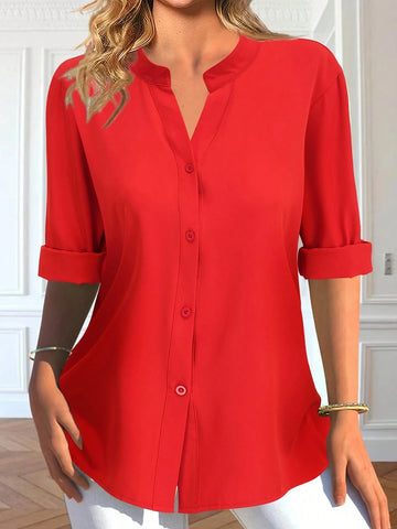 Women's Casual Solid Color Notch Collar Long Sleeve Shirt, Elegant And Fashionable