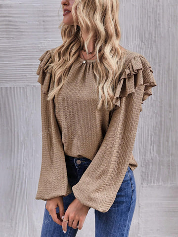 Women's Casual Solid Color Ruffled Collar Long Sleeve Elegant Blouse, Autumn New Style