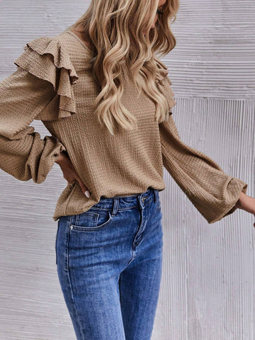 Women's Casual Solid Color Ruffled Collar Long Sleeve Elegant Blouse, Autumn New Style