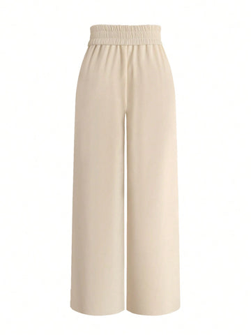 Women's Casual Solid Color Straight Leg Trousers, Elastic Waistband For Easy Wear, Office Lady's Daily Long Pants Suitable For Commute, Dating, Vacation In Summer, Business Casual