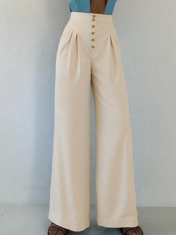 Women's Casual Solid Color Straight Leg Trousers, Elastic Waistband For Easy Wear, Office Lady's Daily Long Pants Suitable For Commute, Dating, Vacation In Summer, Business Casual