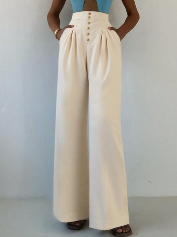 Women's Casual Solid Color Straight Leg Trousers, Elastic Waistband For Easy Wear, Office Lady's Daily Long Pants Suitable For Commute, Dating, Vacation In Summer, Business Casual