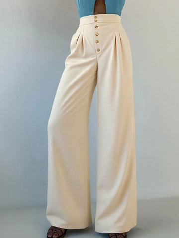 Women's Casual Solid Color Straight Leg Trousers, Elastic Waistband For Easy Wear, Office Lady's Daily Long Pants Suitable For Commute, Dating, Vacation In Summer, Business Casual