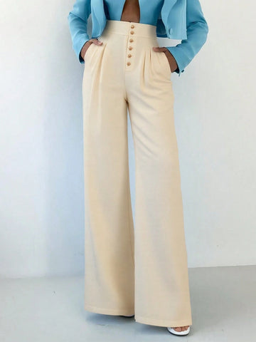 Women's Casual Solid Color Straight Leg Trousers, Elastic Waistband For Easy Wear, Office Lady's Daily Long Pants Suitable For Commute, Dating, Vacation In Summer, Business Casual