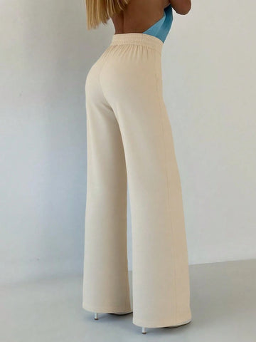Women's Casual Solid Color Straight Leg Trousers, Elastic Waistband For Easy Wear, Office Lady's Daily Long Pants Suitable For Commute, Dating, Vacation In Summer, Business Casual