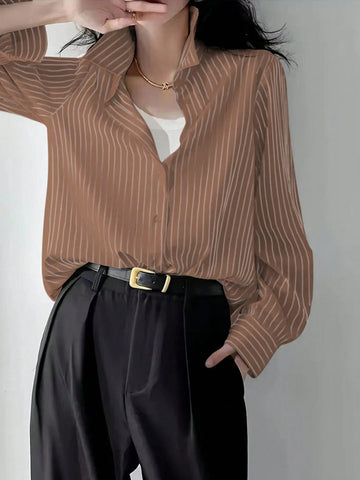 Women's Casual Striped Long Sleeve Shirt, Suitable For Commuting, Autumn