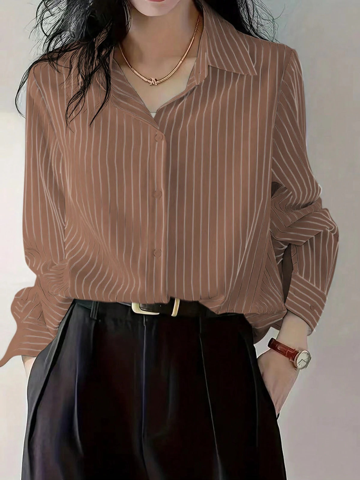 Women's Casual Striped Long Sleeve Shirt, Suitable For Commuting, Autumn