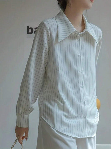 Women's Casual Striped Long Sleeve Single Breasted Loose Fit Blouse For Autumn