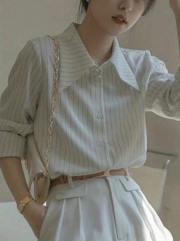 Women's Casual Striped Long Sleeve Single Breasted Loose Fit Blouse For Autumn