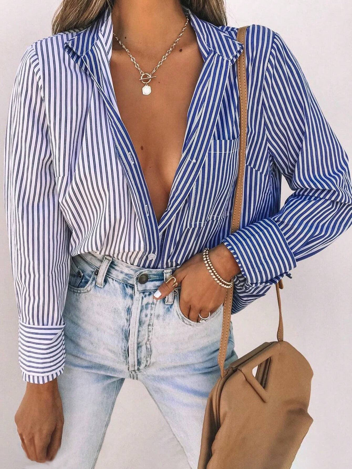 Women's Casual Striped Patchwork Long Sleeve Shirt For Spring And Summer