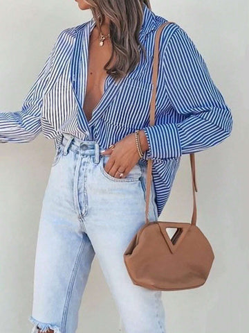 Women's Casual Striped Patchwork Long Sleeve Shirt For Spring And Summer