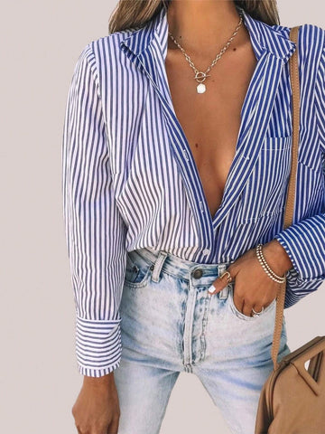 Women's Casual Striped Patchwork Long Sleeve Shirt For Spring And Summer