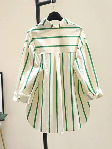 Women's Casual Striped Print Drop Shoulder Loose Patchwork Pocket Long Sleeve Curved High-Low Hem Shirt, Spring/Autumn