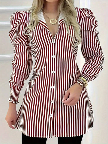 Women's Casual Striped Puff Sleeve Shirt, Spring/Summer