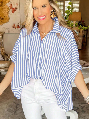 Women's Casual Striped Shirt With Turndown Collar & Batwing Sleeves