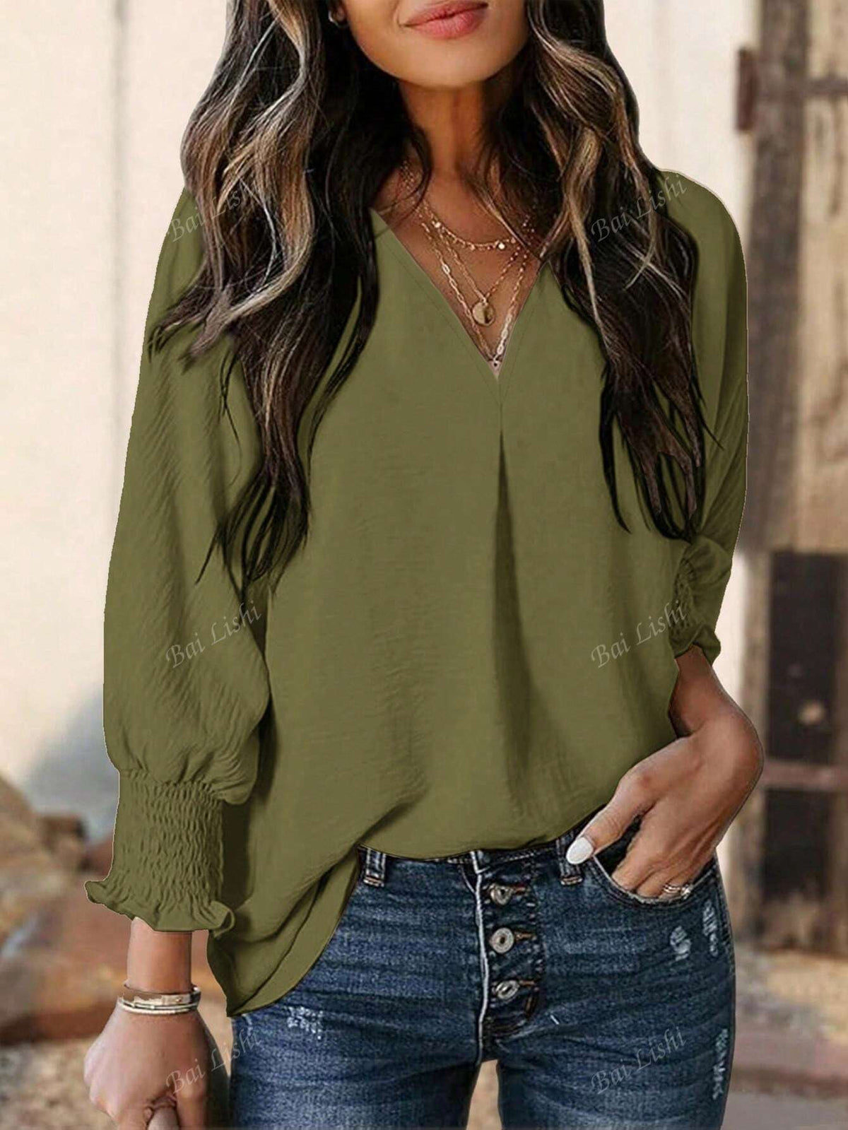 Casual Trumpet Sleeve Top, V-Neck Loose Long Sleeved Shirt, Elegant Temperament Shirt