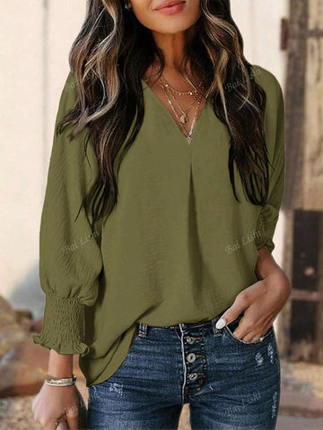 Casual Trumpet Sleeve Top, V-Neck Loose Long Sleeved Shirt, Elegant Temperament Shirt