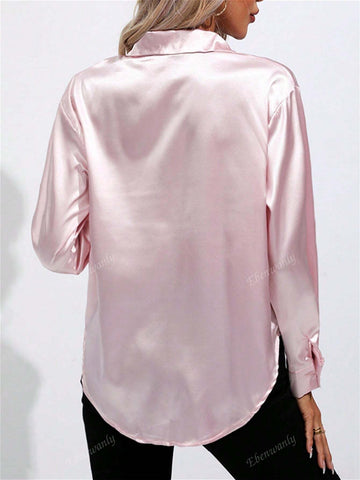 Women's Casual Turndown Collar Button Faux Silk Satin Polyester Long Sleeve Blouse
