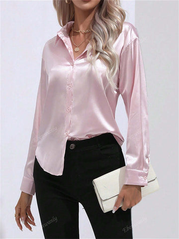 Women's Casual Turndown Collar Button Faux Silk Satin Polyester Long Sleeve Blouse