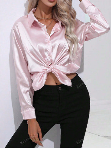 Women's Casual Turndown Collar Button Faux Silk Satin Polyester Long Sleeve Blouse