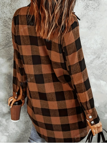 Women's Checkered Long Sleeve Single-Breasted Casual Loose Blouse, Autumn