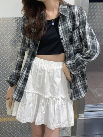 Women's Checkered Print Button Front Casual Long Sleeve Shirt