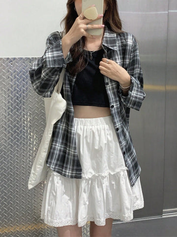 Women's Checkered Print Button Front Casual Long Sleeve Shirt