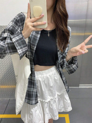 Women's Checkered Print Button Front Casual Long Sleeve Shirt