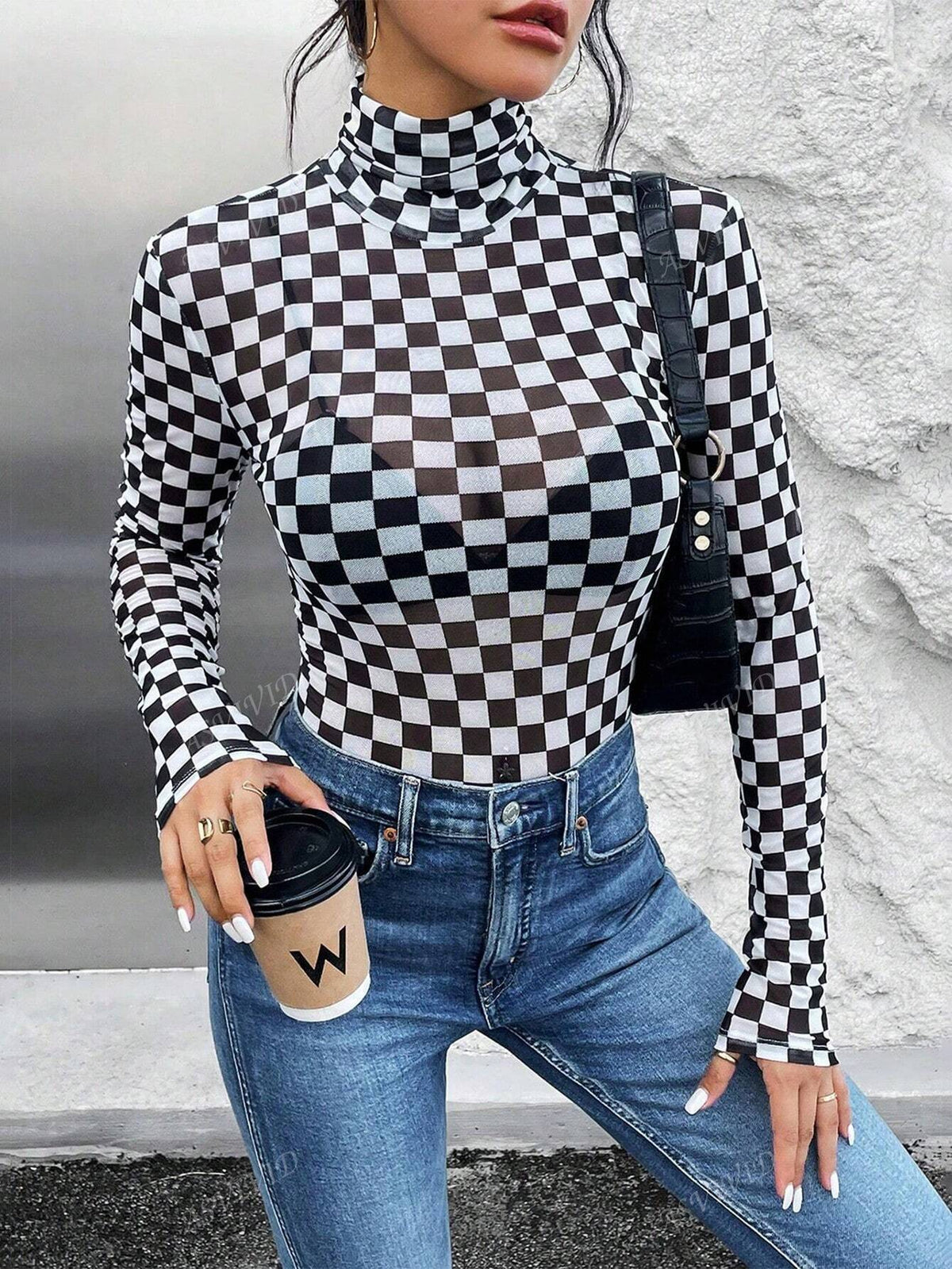 Women's Checkered Printed Long Sleeve High Neck Bodysuit