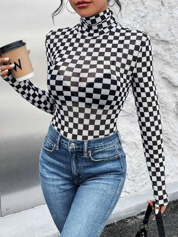 Women's Checkered Printed Long Sleeve High Neck Bodysuit