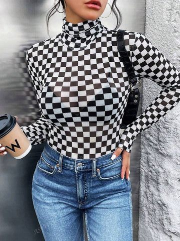 Women's Checkered Printed Long Sleeve High Neck Bodysuit