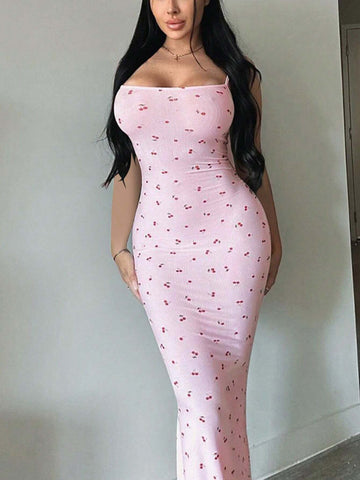 Women's Cherry Print Simple Daily Wear Spaghetti Strap Dress