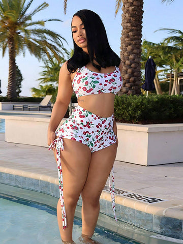 Women's Cherry Printed Wide Strap Short Top And Shorts Set, Summer