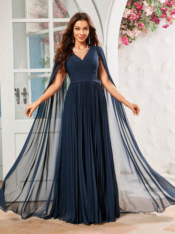 Women's Chiffon Pleated Dress With Flutter Sleeves, Suitable For Formal Occasions