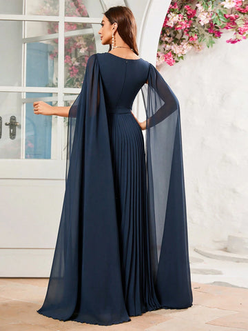 Women's Chiffon Pleated Dress With Flutter Sleeves, Suitable For Formal Occasions