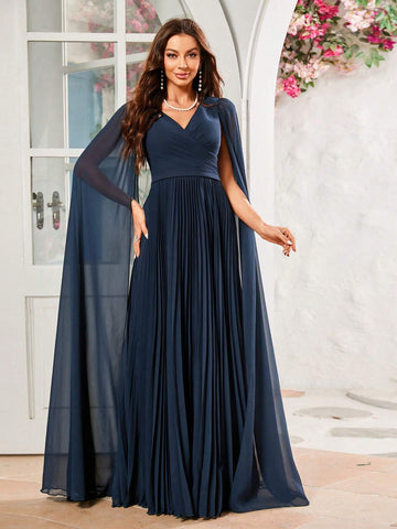Women's Chiffon Pleated Dress With Flutter Sleeves, Suitable For Formal Occasions