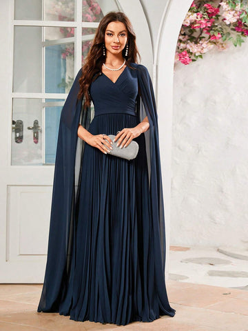 Women's Chiffon Pleated Dress With Flutter Sleeves, Suitable For Formal Occasions