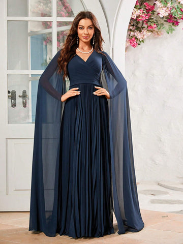 Women's Chiffon Pleated Dress With Flutter Sleeves, Suitable For Formal Occasions