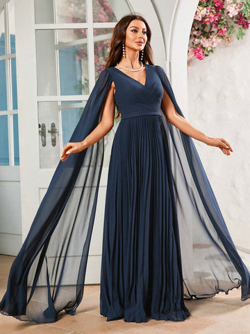 Women's Chiffon Pleated Dress With Flutter Sleeves, Suitable For Formal Occasions