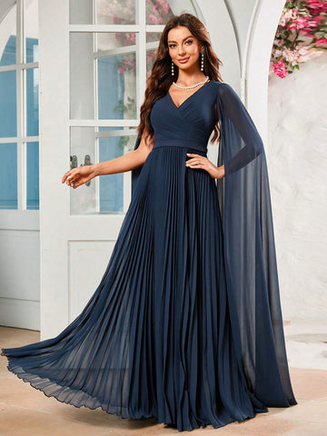 Women's Chiffon Pleated Dress With Flutter Sleeves, Suitable For Formal Occasions