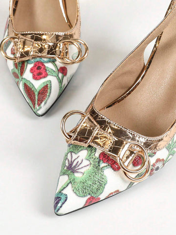 Women's Chinese Style Flower Print Pointed Toe Shallow Mouth High Heels With Buckle Belt Design