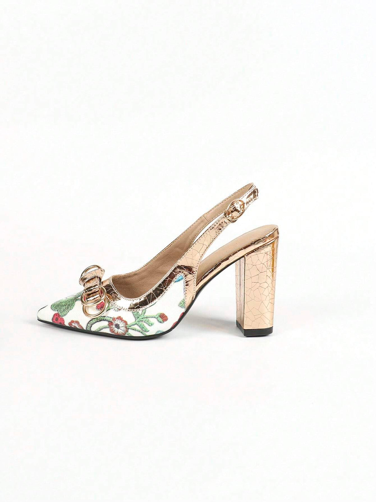 Women's Chinese Style Flower Print Pointed Toe Shallow Mouth High Heels With Buckle Belt Design
